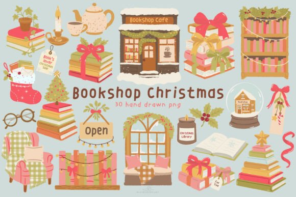 Bookshop Christmas Clipart: Warm Illustrations