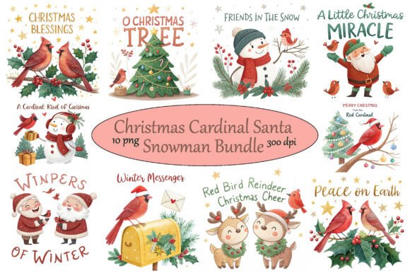 Christmas Cardinal Santa Snowman Bundle: Festive Illustrations
