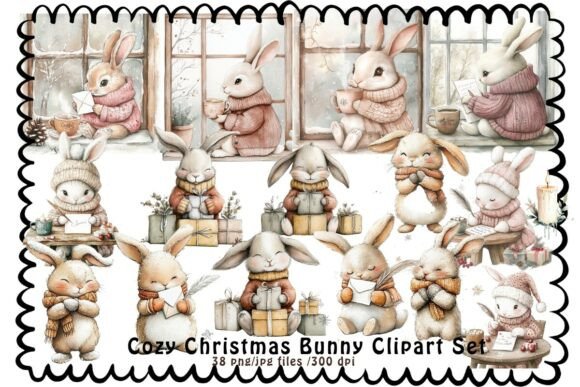 Cozy Christmas Bunny Clipart Set: Illustrations