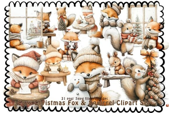 Cozy Christmas Fox Squirrel Illustrations