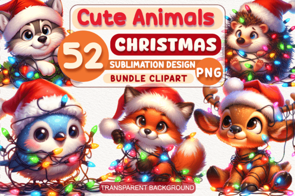 Cute Christmas Animals with Garlands PNG Illustrations