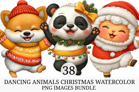 Dancing Animals Christmas Watercolor PNG for Illustrations