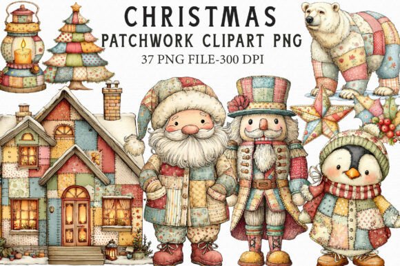 Patchwork Christmas Clipart Bundle Png Illustrations