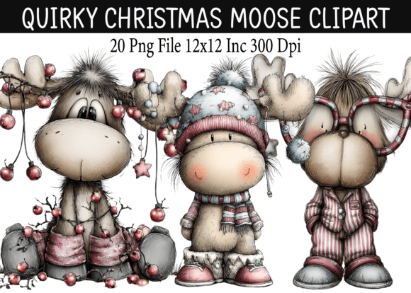 Quirky Christmas Moose Clipart: Editorial Illustrations