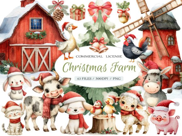 Watercolor Christmas Farm Animal Clipart & Illustrations