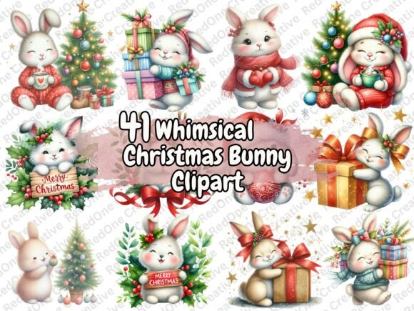 Whimsical Christmas Bunny Clipart for Illustrations