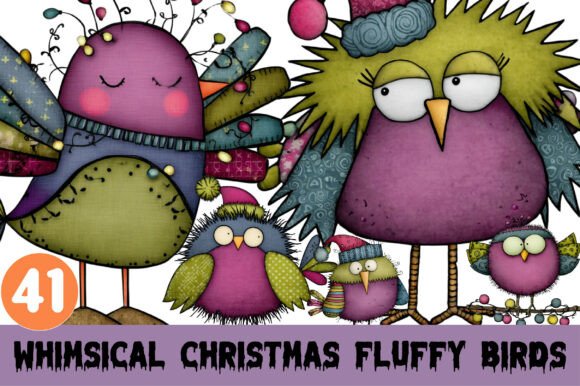 Whimsical Christmas Fluffy Birds Clipart & Illustrations